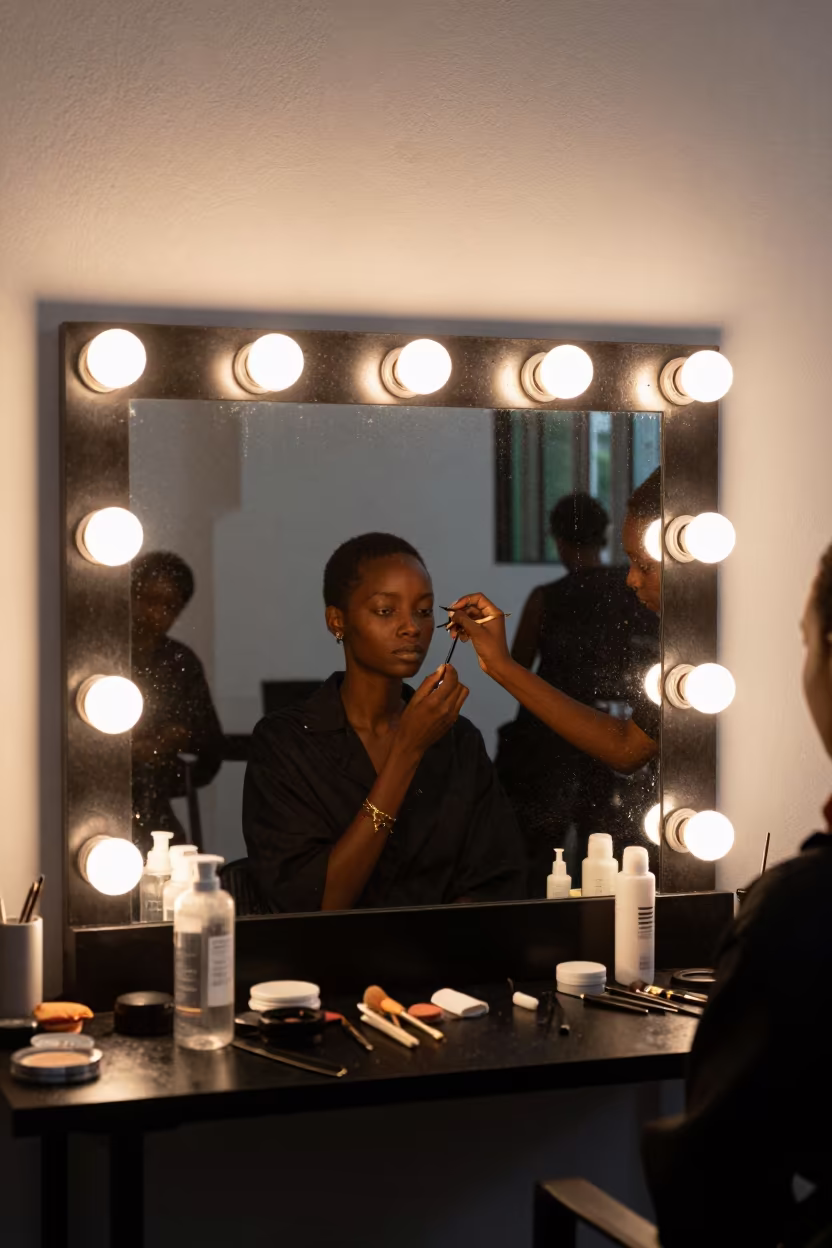 Makeup Station Mirror Reflection Gulu Fashion Week in beside a mirror lined with makeup bulbs near Gulu