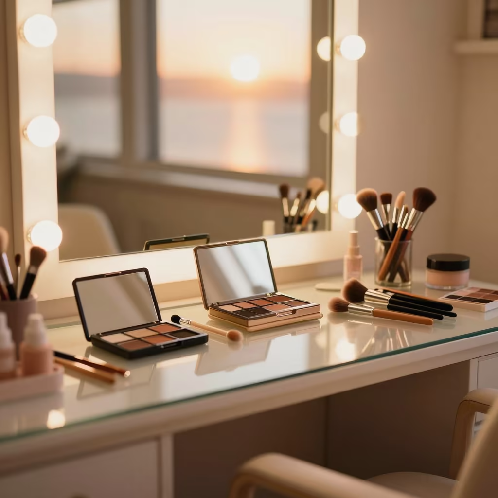 Makeup Station with Palettes and Brushes in inside a nail studio in San Lorenzo
