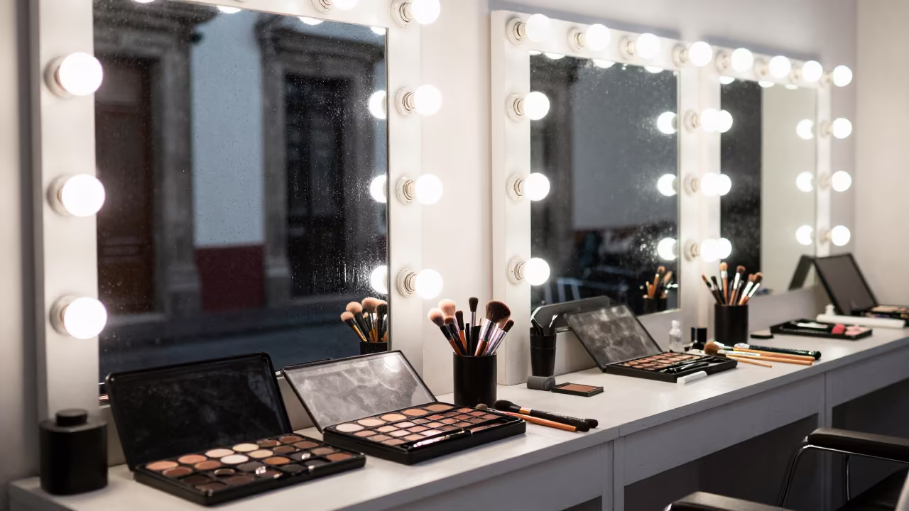 Makeup Station Under Vanity Bulbs in Mexico City in at a barber station beneath mirror bulbs in Centro Historico, Mexico City