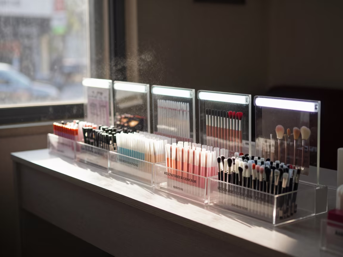 Makeup Tester Station with Applicators in Dhaka in in a beauty supply area under white LEDs in Dhaka