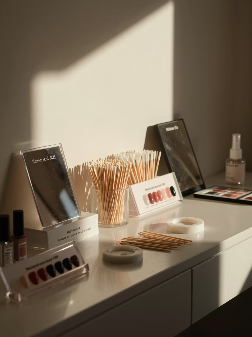Makeup Tester Station Morning Setup Montreal in inside a nail studio in Montreal