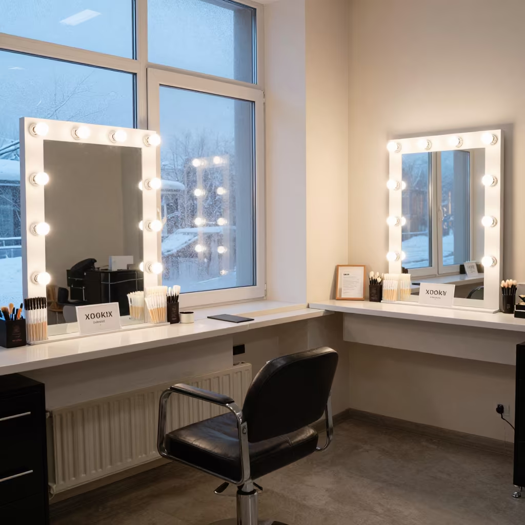 Makeup Tester Station Near Yekaterinburg Barbershop in at a barber station beneath mirror bulbs near Yekaterinburg