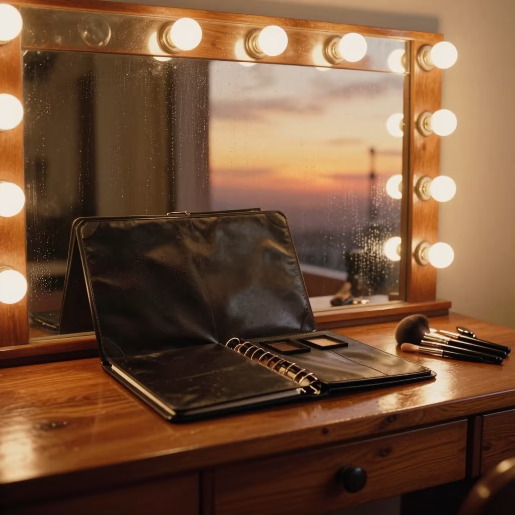Makeup Trial Binder on Barber Station Sunset in at a barber station beneath mirror bulbs in Puebla