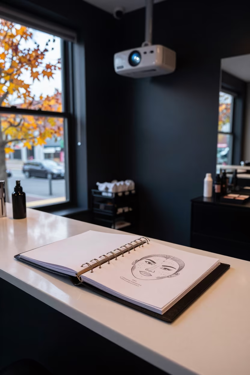 Makeup Trial Binder at Salon Counter in at a salon reception counter in Monte Grande