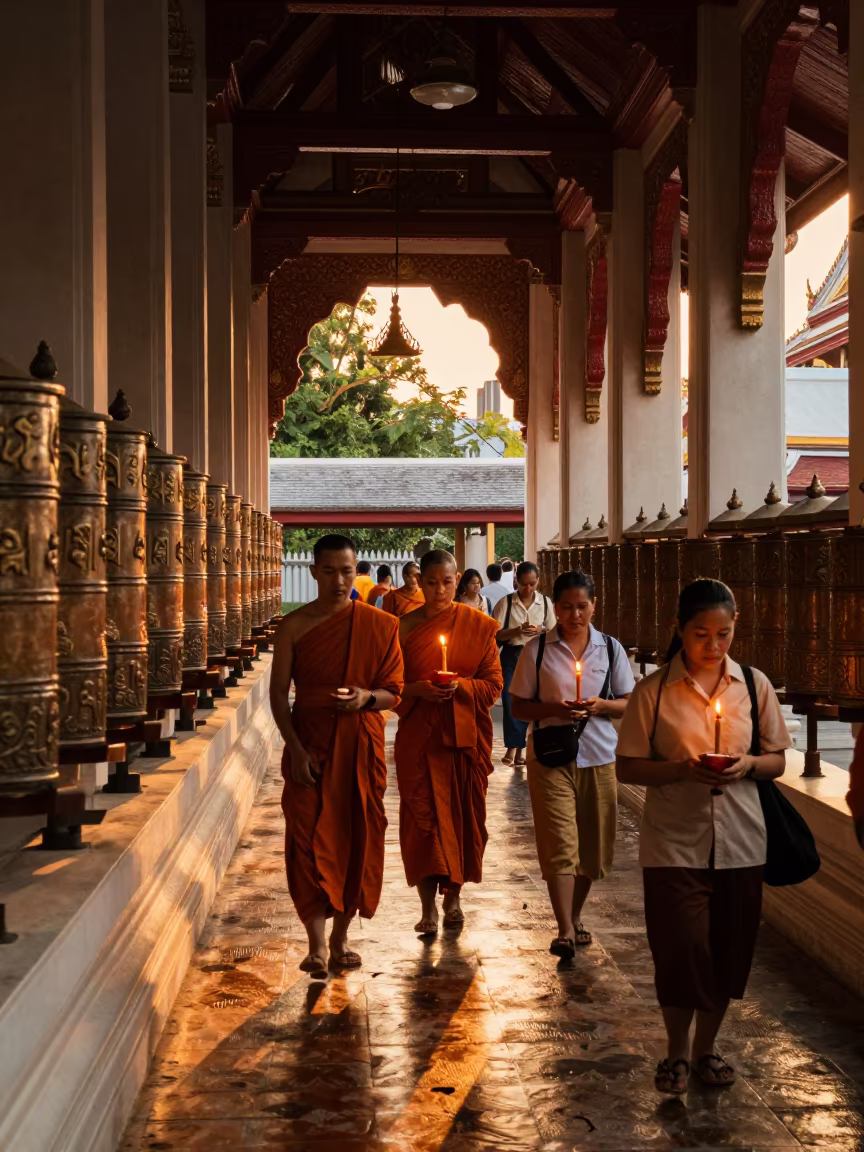 Makha Bucha Candle Walk Beside Prayer Wheels in beside a prayer wheel corridor in Khao San Road, Bangkok