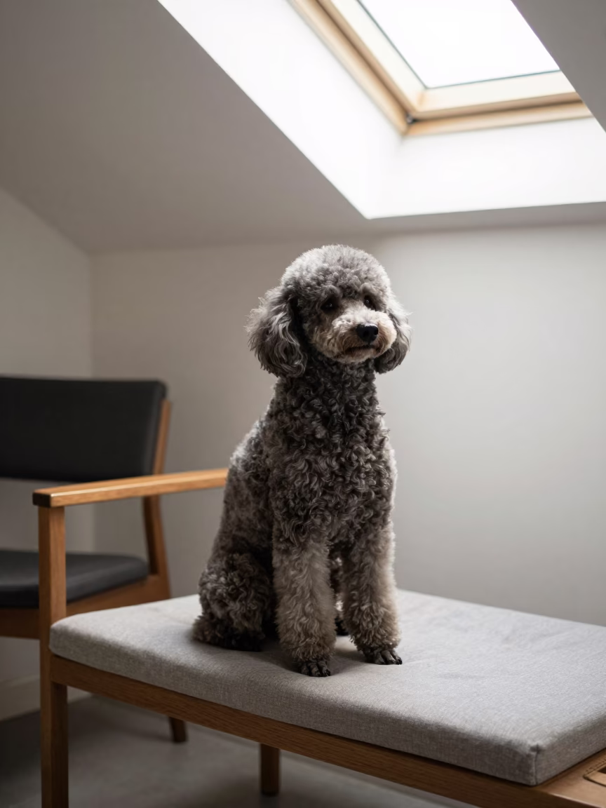 Malabo Poodle Portrait on Window Seat in on a cushioned window seat with soft side light and an uncluttered background near Malabo