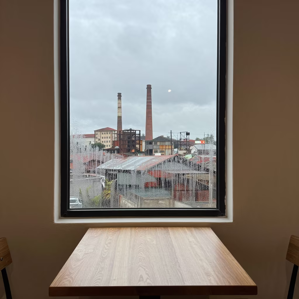 Malanje Cafe View Rust Belt Skyline Smokestacks in on a cafe table by a window in Malanje