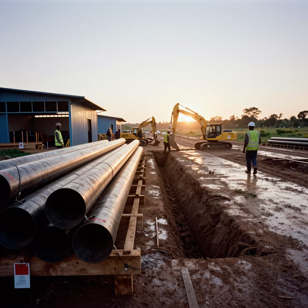 Malawi Pipe Yard at Golden Hour in beside a framed building shell in Malawi