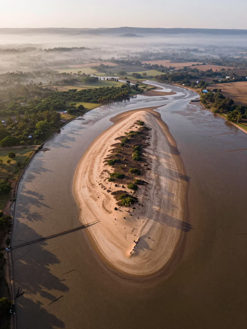 Malawi Sandbar Island Low Tide Aerial View in far above orchard blocks and irrigation lines in Malawi