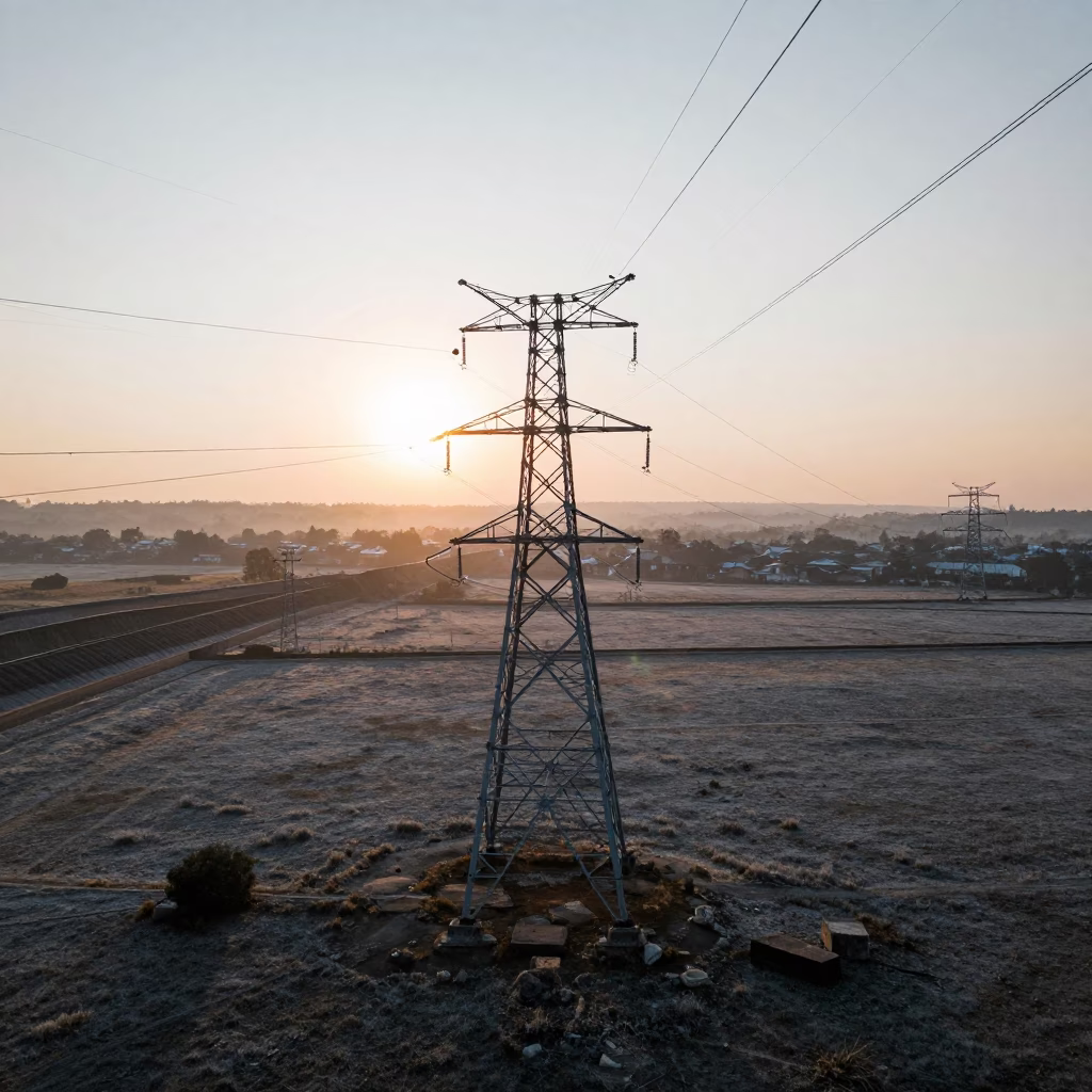Malawi Transmission Towers Over Frost Pasture at Dusk in along a dam spillway in Malawi