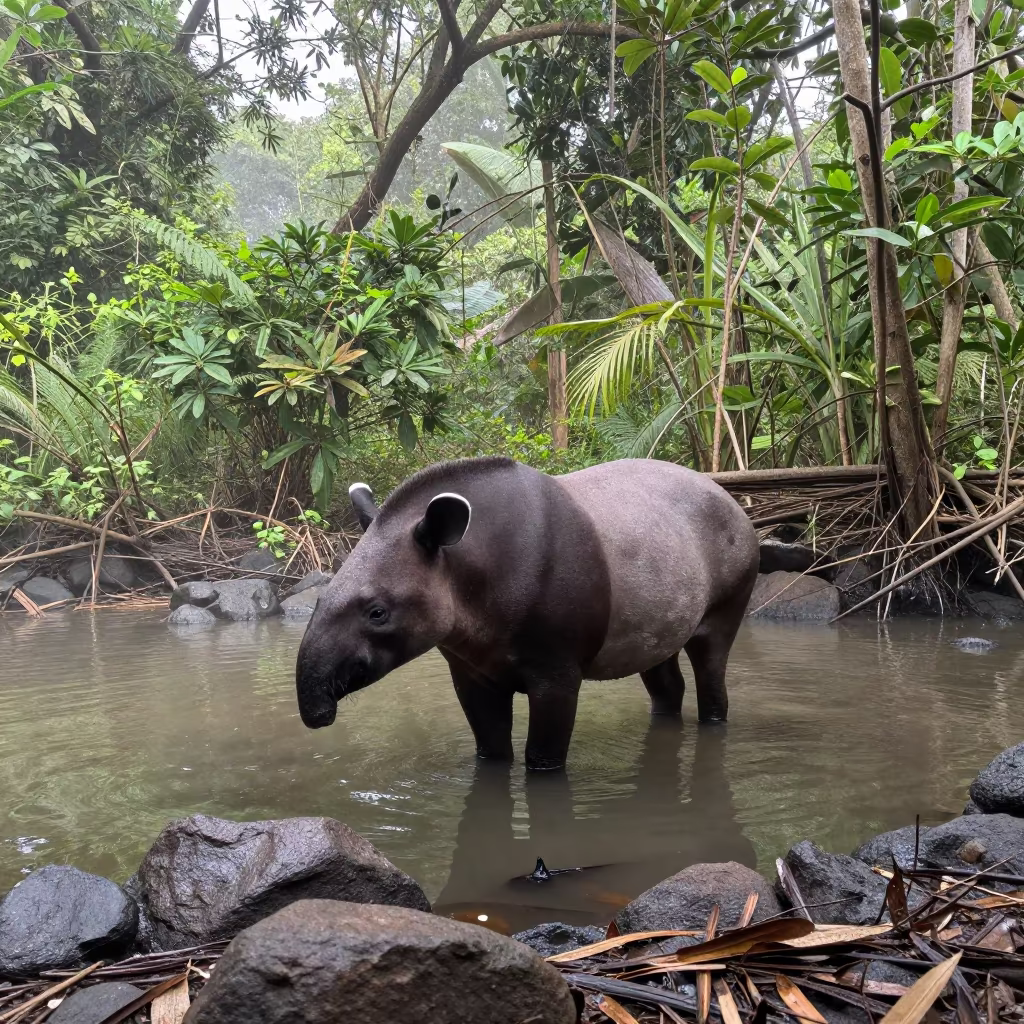 Malayan Tapir Drinking at Jungle Pool in in Maldives
