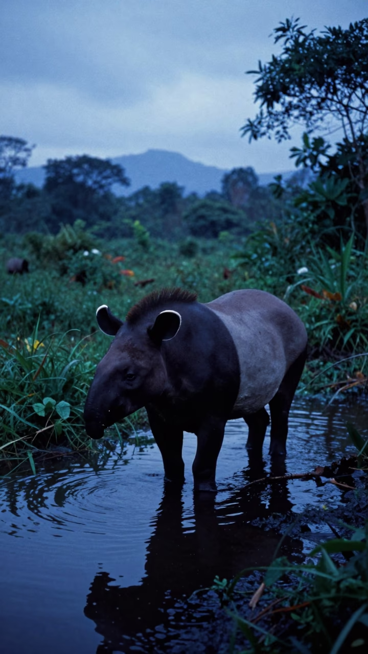 Malayan Tapir Drinking at Twilight Jungle Pool in near Dar es Salaam