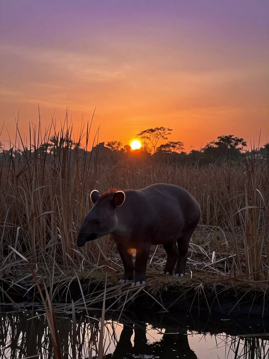 Malayan Tapir Silhouette at Bali Jungle Pool in at the edge of a reed bed in Bali