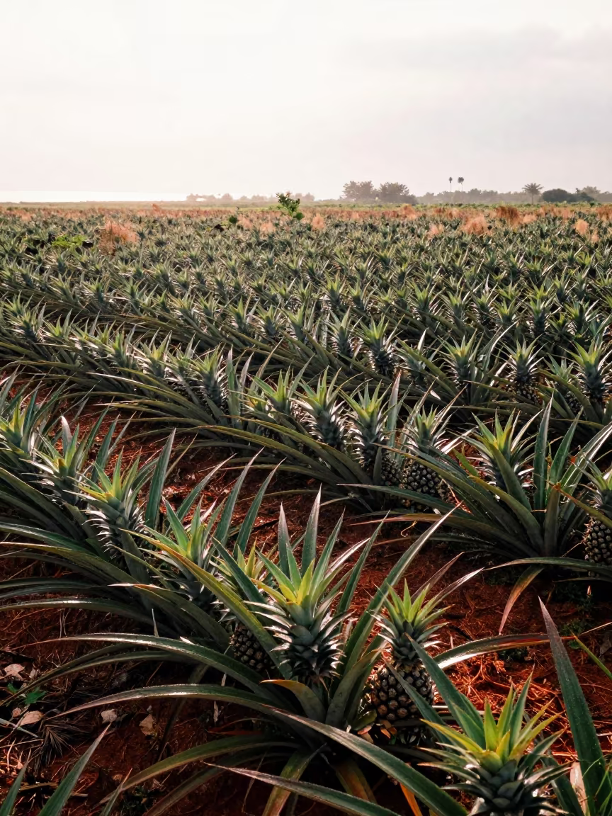 Malaysian Pineapple Field Under Coastal Glare in in Malaysia