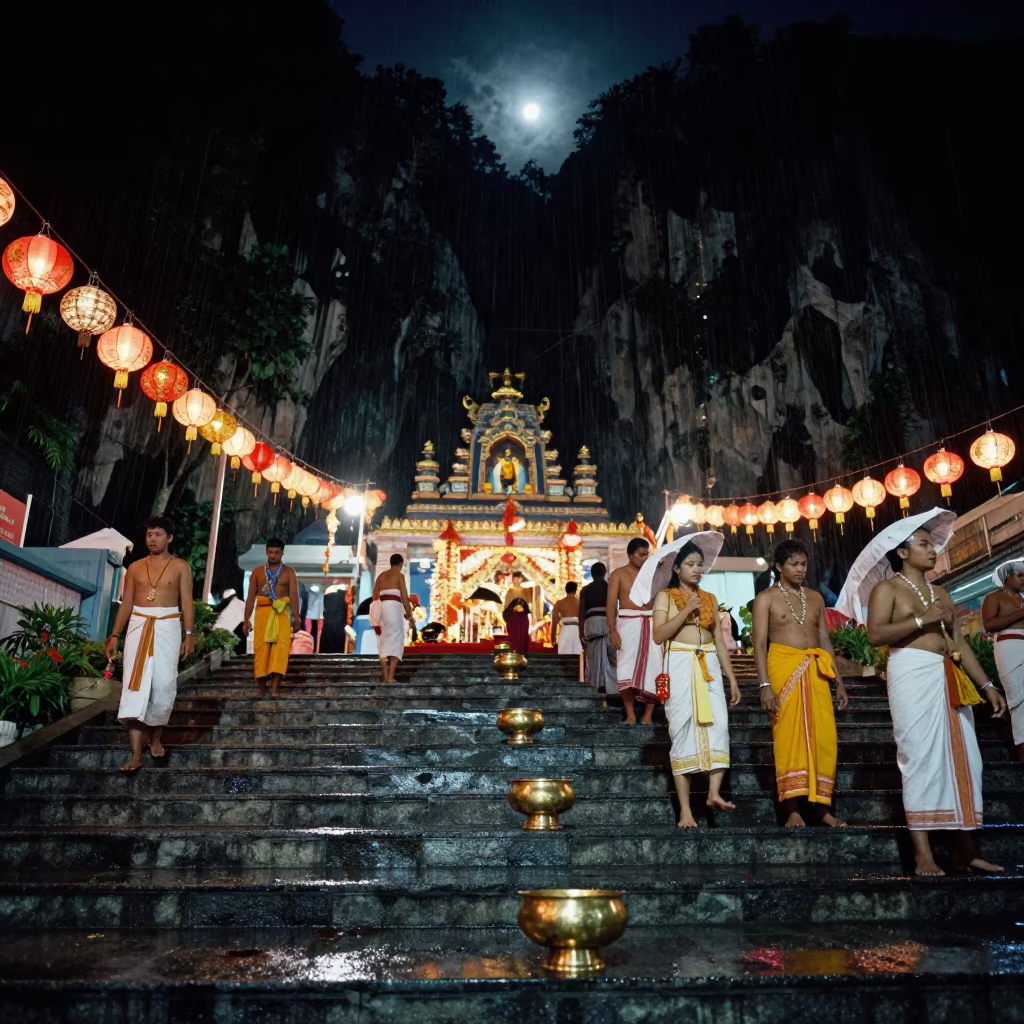 Malaysian Thaipusam Night at Batu Caves Shrine in in a shrine lined with lanterns near Malakal
