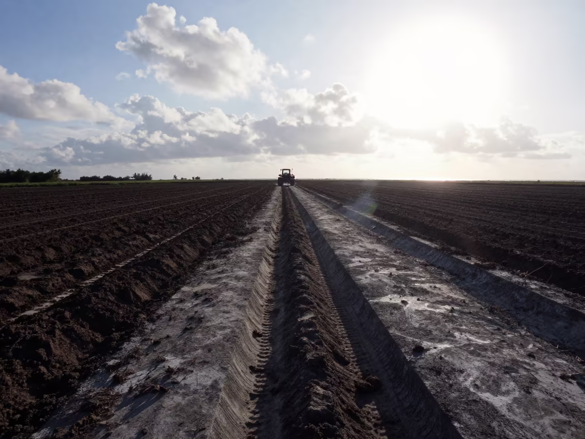 Maldives Plowed Field Wrong Shadows in beside a tractor track through dark soil in Maldives