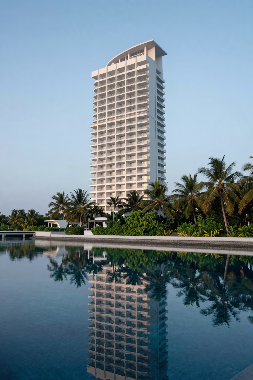 Maldives Tower Block Dawn Light Reflecting Pool in beside a canal-front facade in Maldives