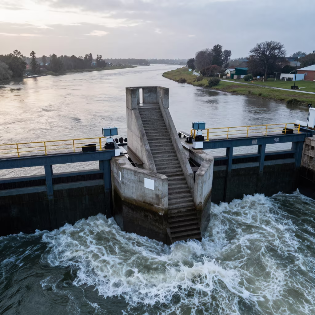 Mali Canal Lock Stair Tower Over Choppy Estuary Dawn in at a canal lock chamber in Mali