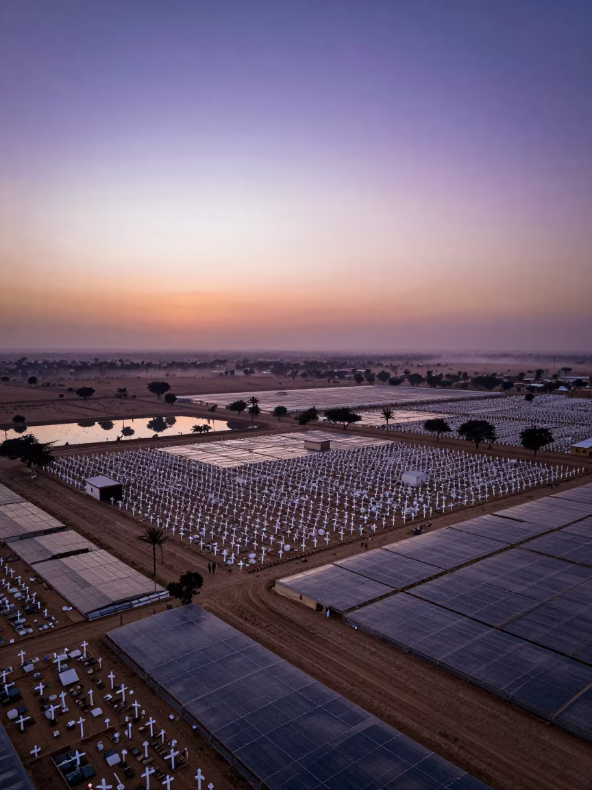 Mali Cemetery Aerial View at Twilight in high over greenhouse grids in Mali