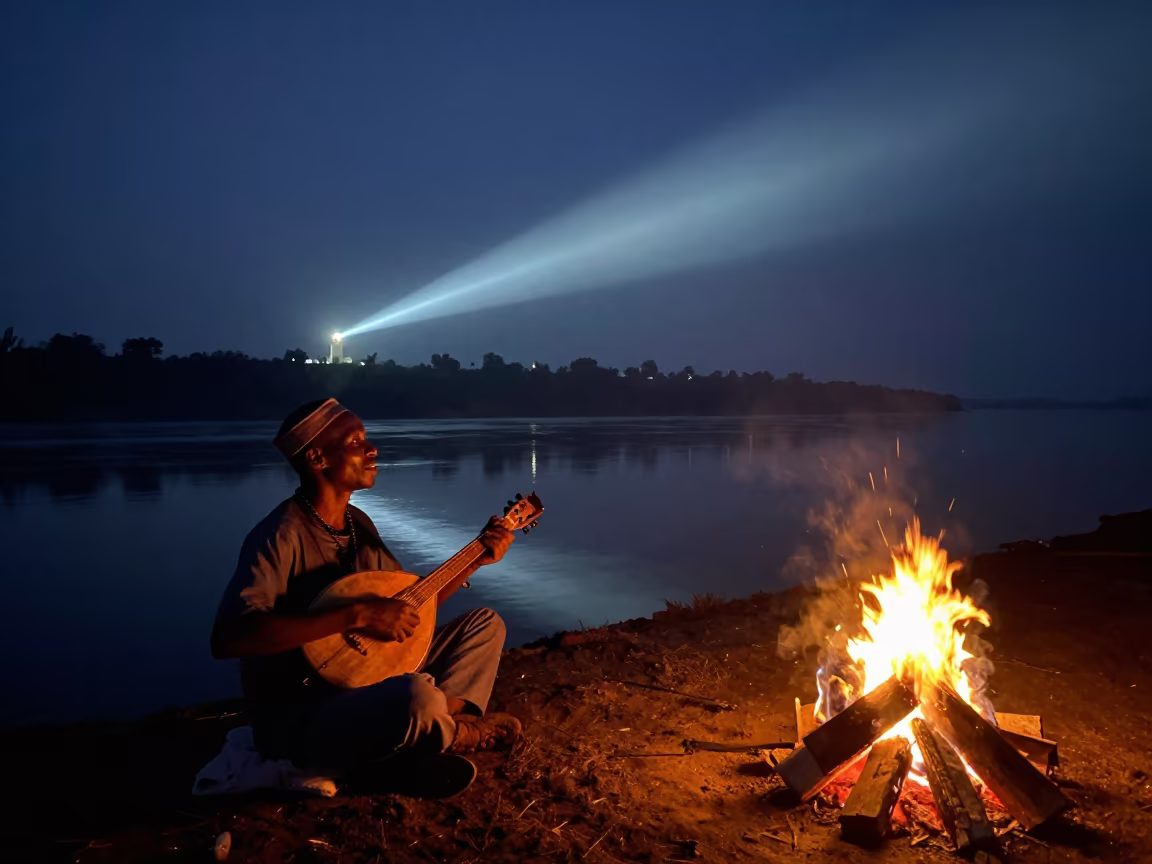Malian Ngoni Player Singing by Niger River Campfire in from a frost-hushed ridgeline near Carlos Manuel de Céspedes