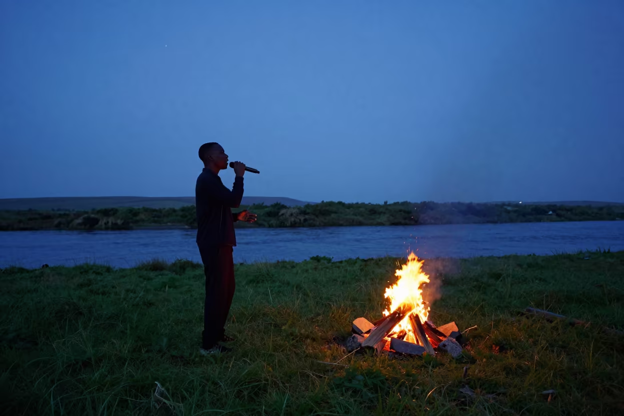 Malian Ngoni Player Singing by Irish River Fire in beneath a dark-sky overlook in Ireland