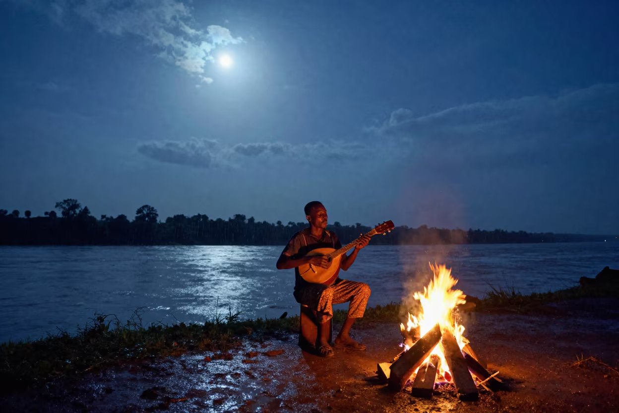 Malian Ngoni Player Singing by Campfire Under Nepal Stars in beneath thin cloud gaps and stars in Nepal