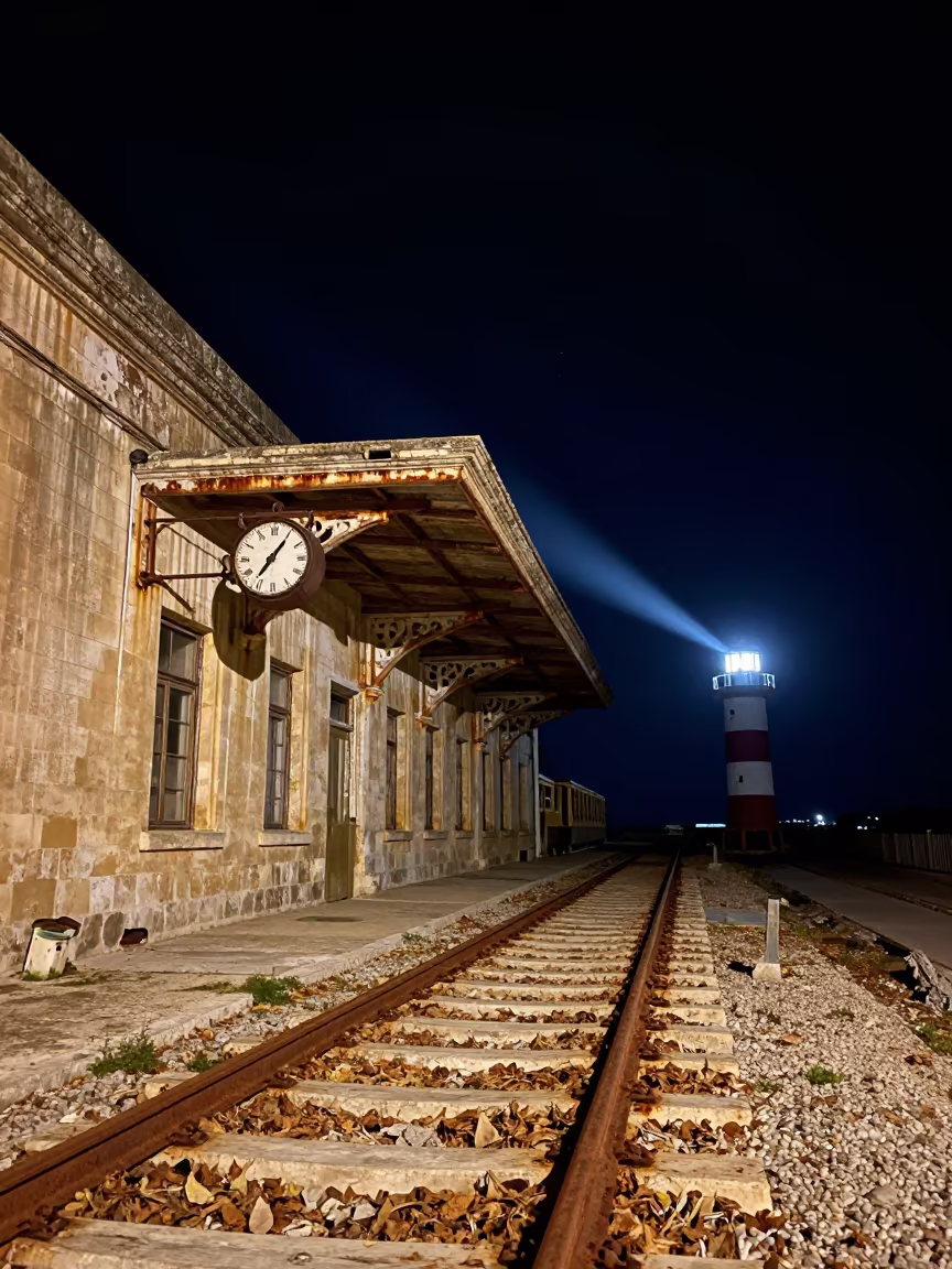 Malta Causeway Station Night Lighthouse Sweep in on a wind-open causeway in Malta