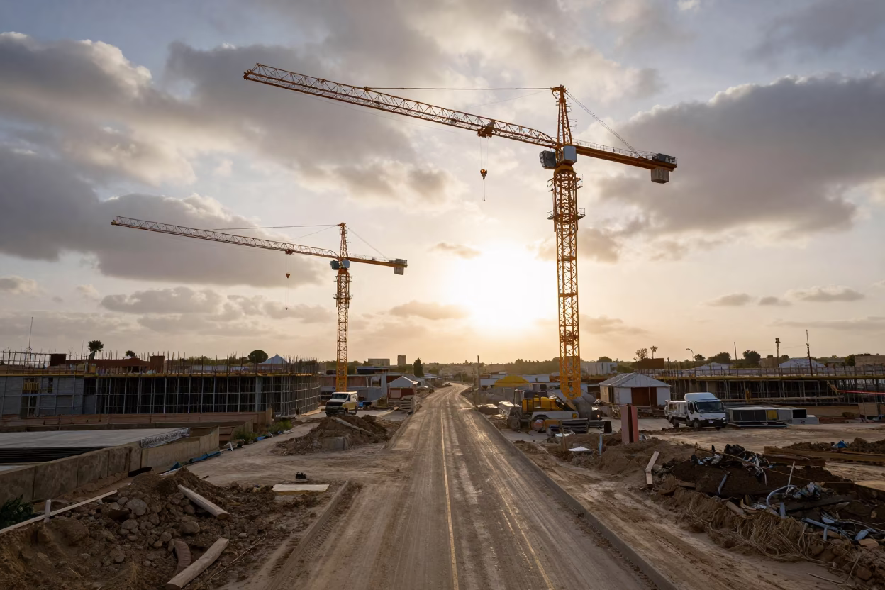 Malta Construction Site Drone View Golden Hour in at a muddy site access road in Malta