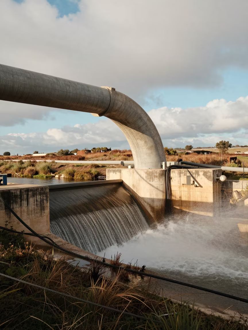 Malta Penstock Bend Wet Early Autumn Afternoon in above a spillway chute with spray rising in Malta