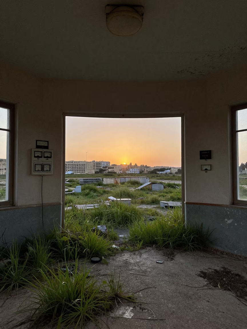 Malta Ruin Sunset Grass Radio Station in through a courtyard reclaimed by grasses in Malta