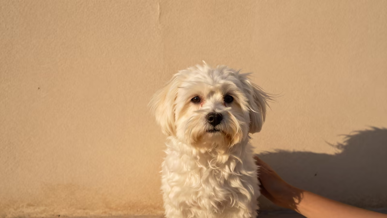 Maltese Dog Portrait in Idku Courtyard in beside a plain courtyard wall in clear daylight with the animal at eye level in Idku