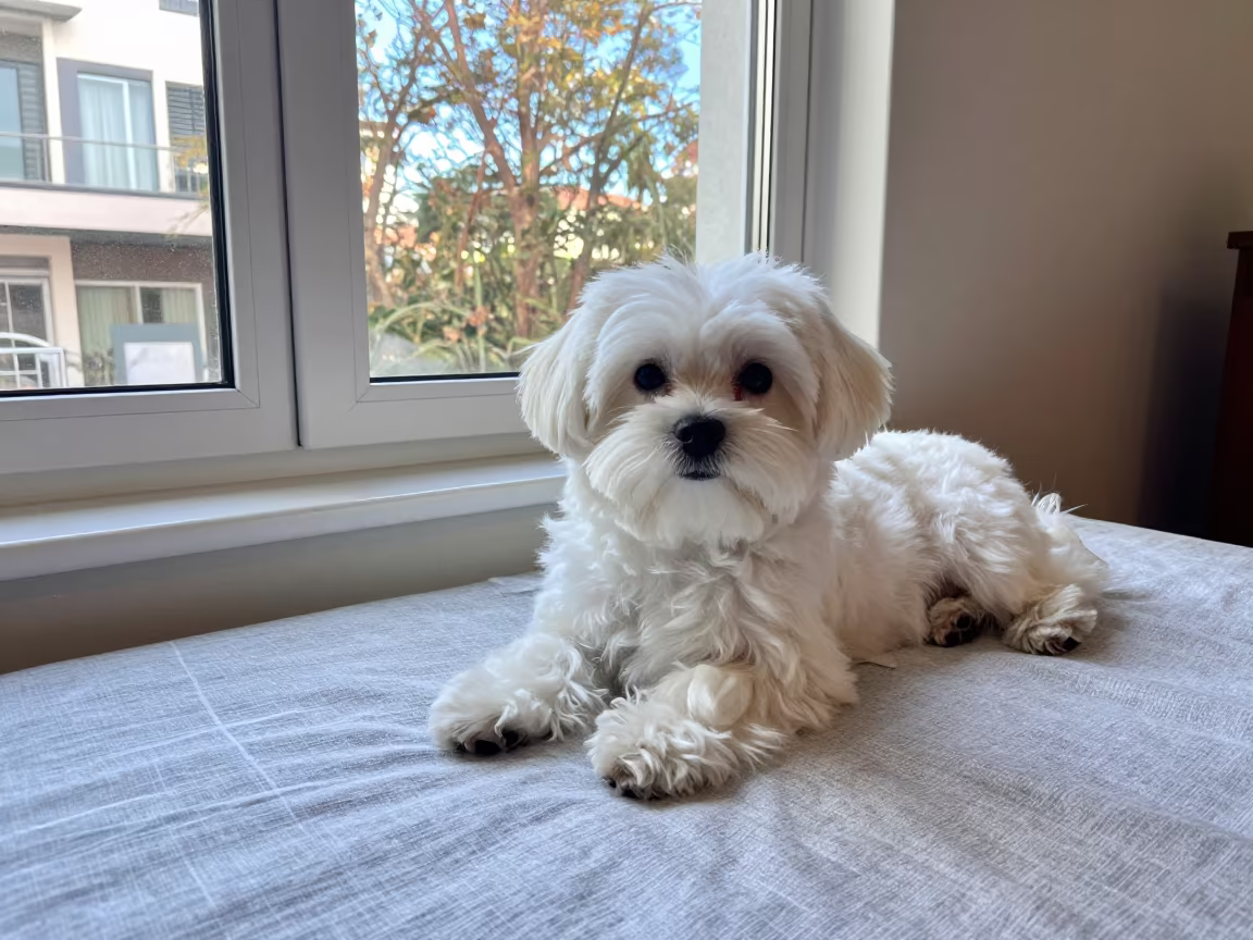 Maltese Dog Resting on Bedspread in Porlamar in on a bedspread near a bright window with calm indoor light in Porlamar