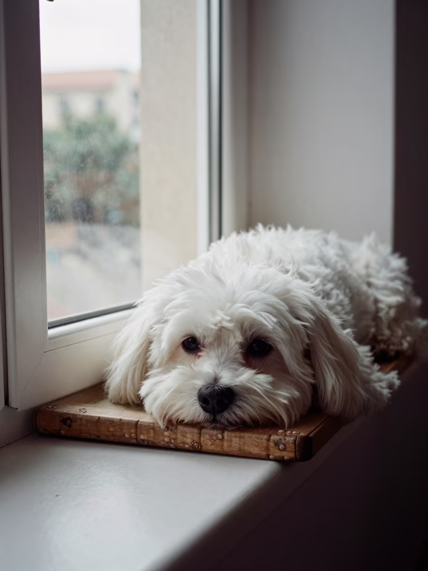 Maltese Dog Resting on Window Seat in Ashdod in on a window seat in a quiet apartment with soft side light near Ashdod