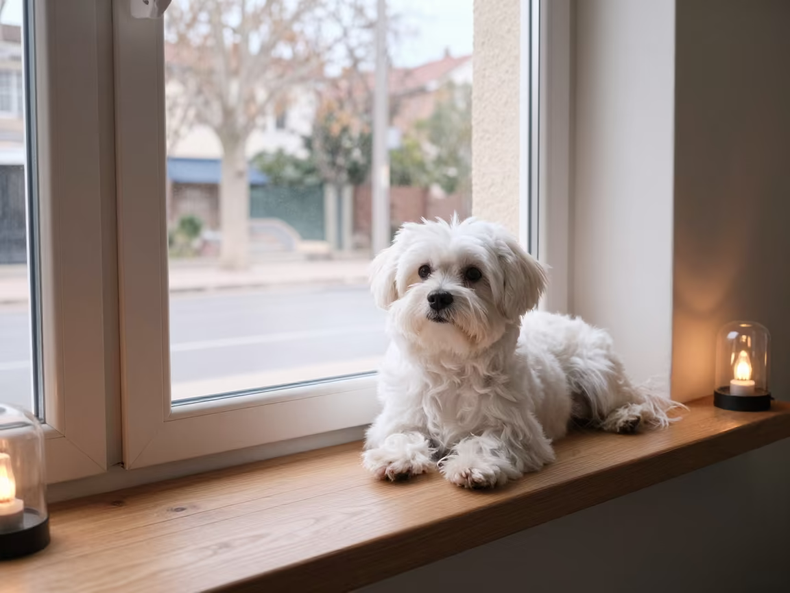 Maltese Dog Resting on Window Seat in on a window seat in a quiet apartment with soft side light in Hoi An