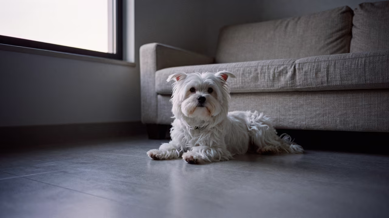 Maltese Dog With Defining Coat on Linen Sofa in on a linen sofa with daylight from a nearby window near Malakal