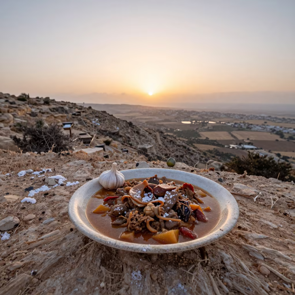 Maltese Fenkata Rabbit Stew on Windy Ridge in on a wind-scoured ridge near Port Said