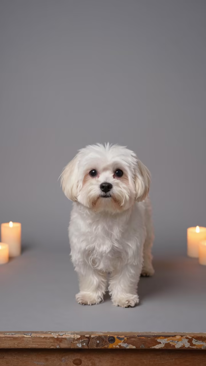 Maltese Portrait in Warm Studio Glow in in a quiet portrait studio with a plain backdrop and eye-level framing in Silver Lake, Los Angeles