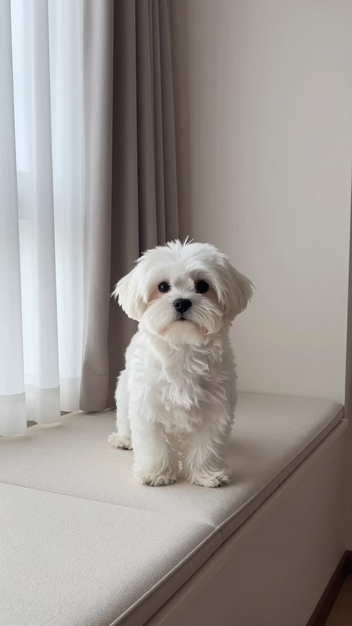 Maltese Portrait on Window Seat Near Jos in on a cushioned window seat with soft side light and an uncluttered background near Jos