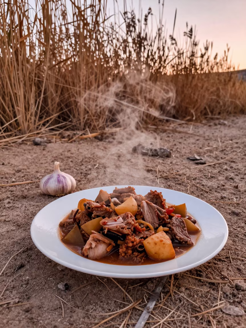 Maltese Rabbit Stew Fenkata in Nevada Heat Haze in at the edge of a reed bed in Nevada