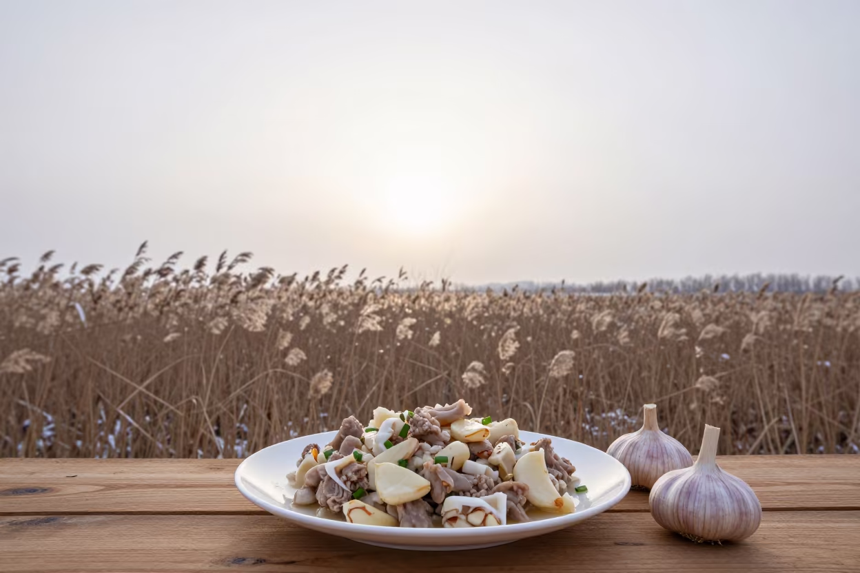 Maltese Rabbit Stew Fenkata in Snowy Mongolian Dawn in at the edge of a reed bed in Inner Mongolia