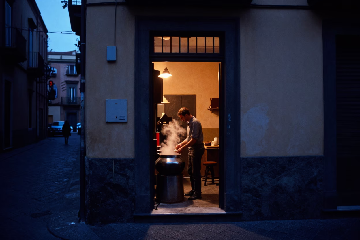 Man at Blue Hour in in Naples, Italy