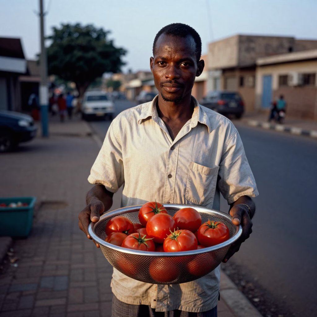 Man in Dakar Senegal Early Evening Holding Mesh Colander with Fresh Produce in in Dakar, Senegal