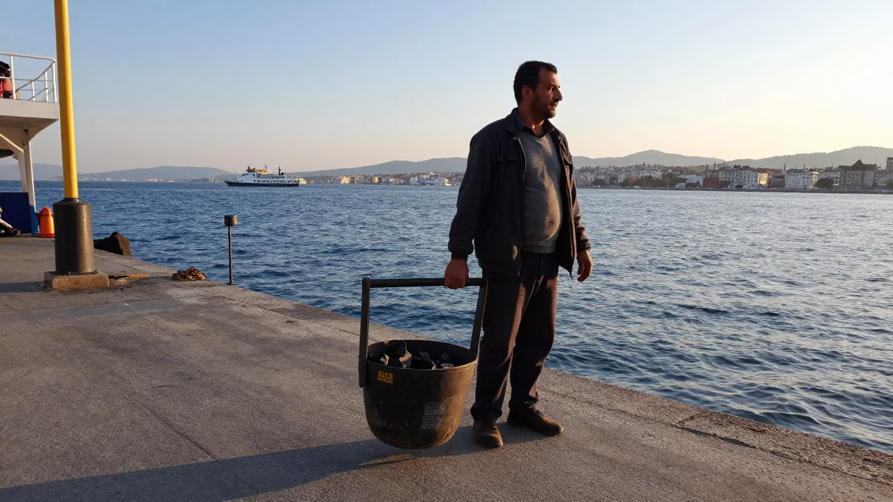 Man in Izmir Turkey Early Afternoon Holding Coal Scuttle Near Ferry Ramp in in Izmir, Turkey