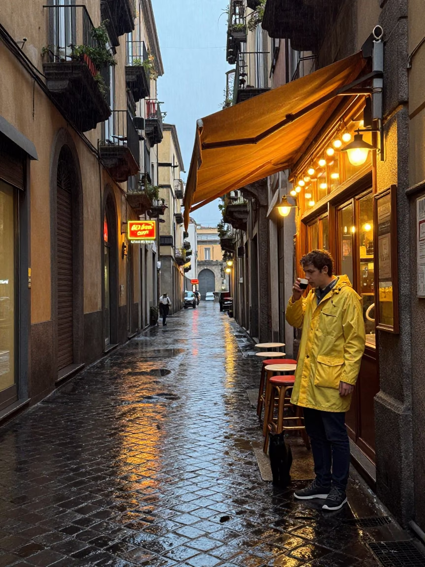 Man in Naples at Dusk Light in in Naples, Italy