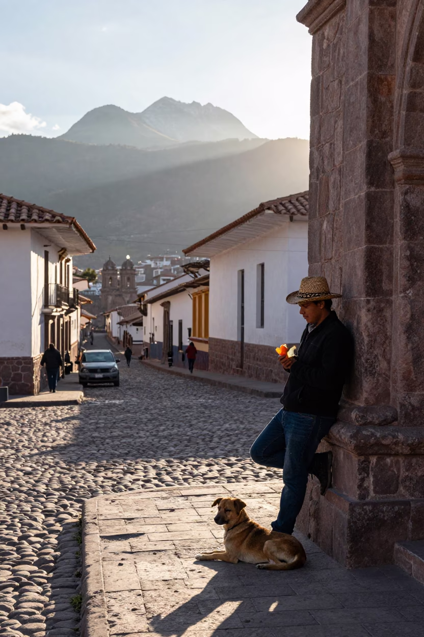 Man just after sunrise in Cusco in in Cusco, Peru