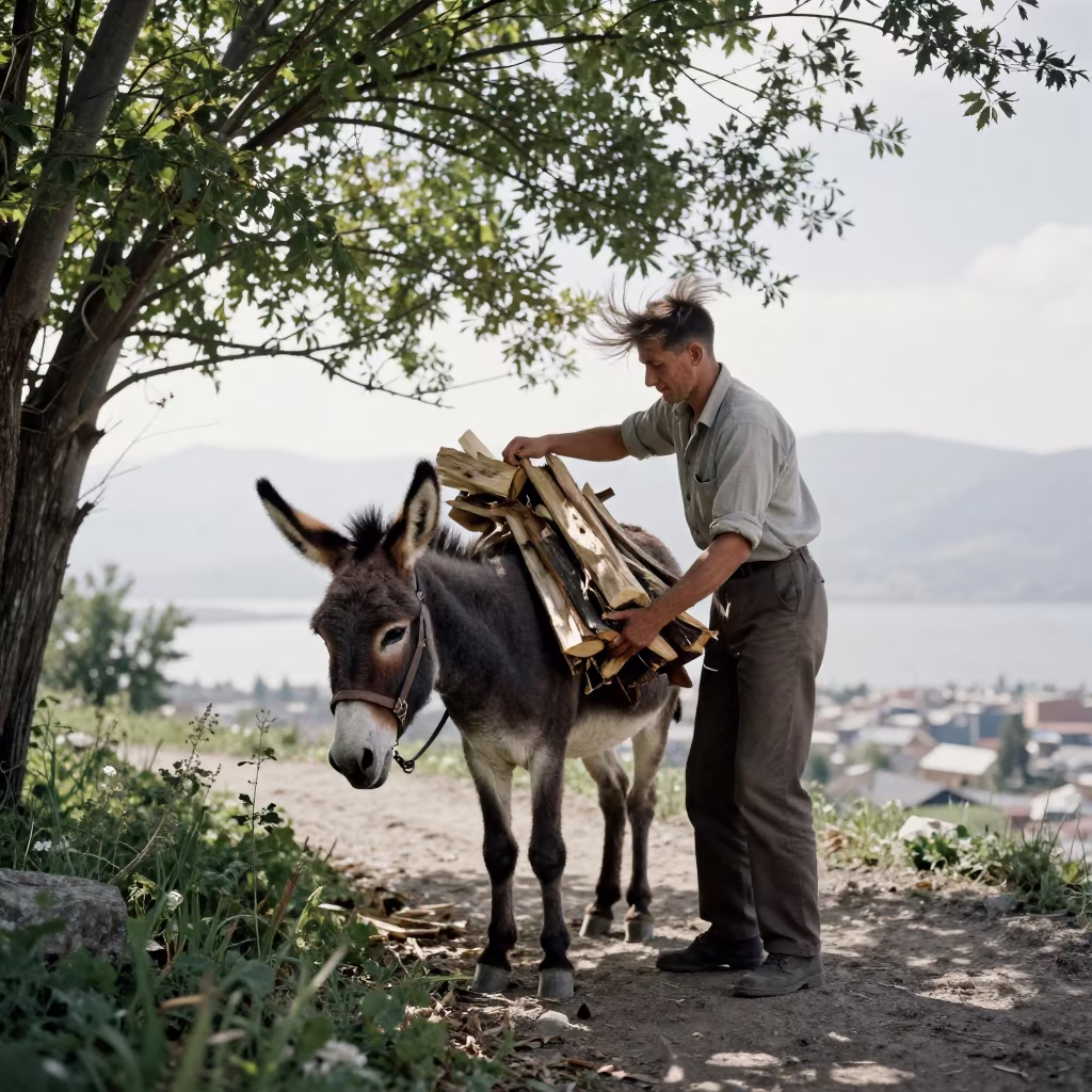 Man Loading Firewood Donkey Almaty Trail in at a harbor edge in Almaty
