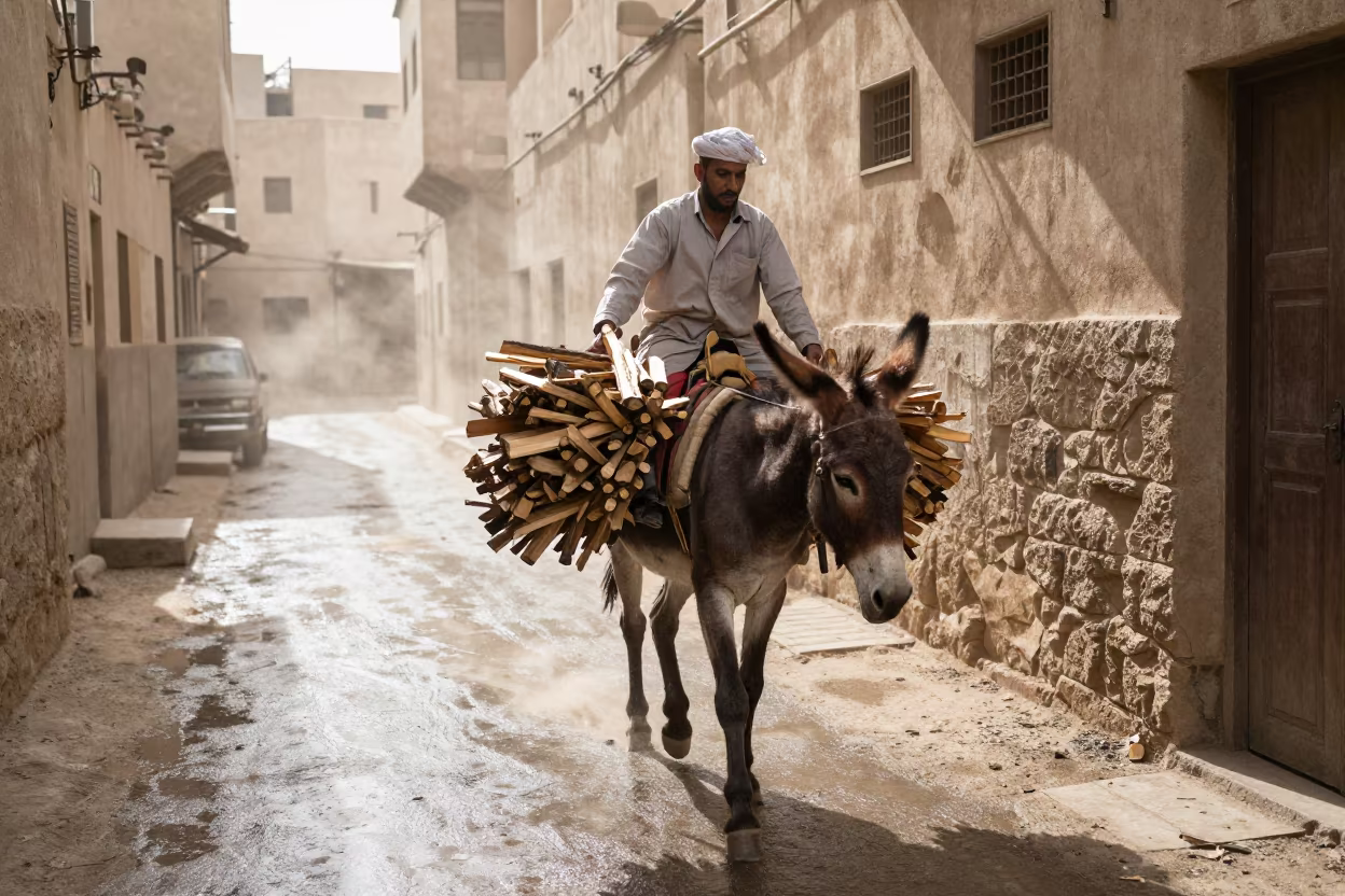 Man Loading Firewood on Donkey in Jeddah in in Jeddah