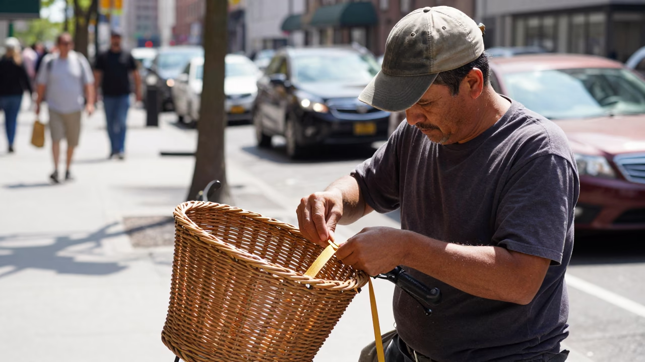 Man Mending Bicycle Basket on Busy New York City Street at Midday in in New York, New York, United States