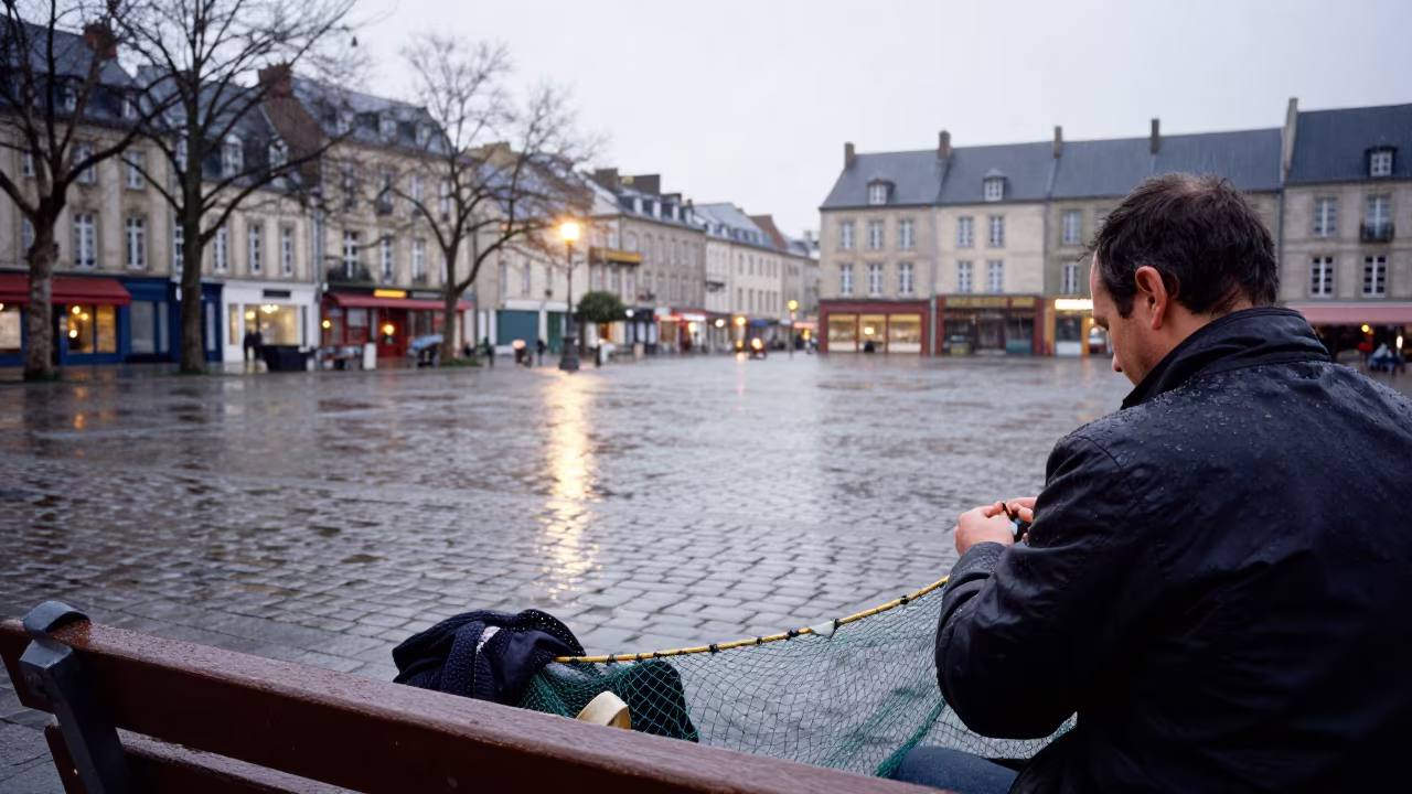 Man Mending Fishing Net in Dawn Rain in at a public square in Angers
