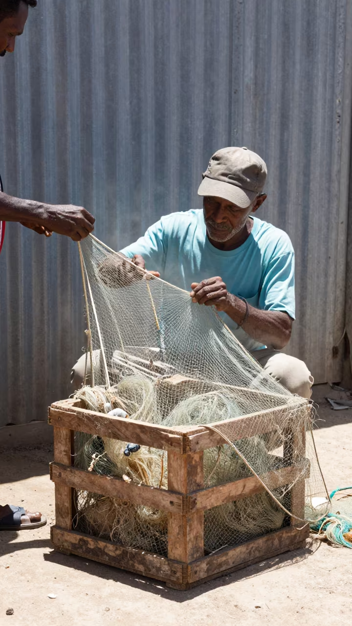 Man Mending Net in Beira Noon Light in in Beira